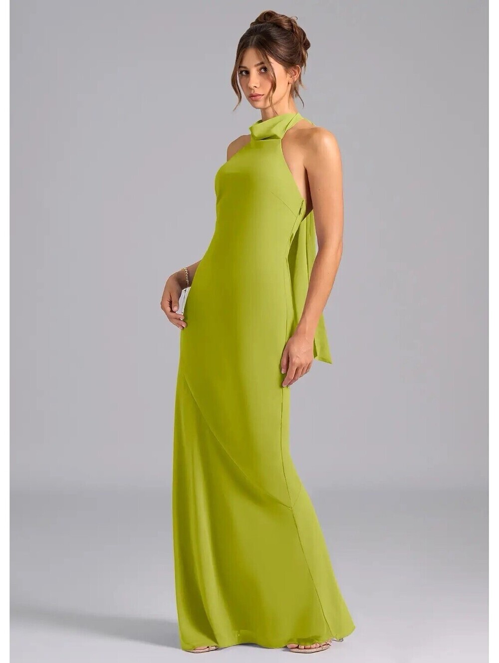NWT Azazie Women's Velli Lemongrass Backless Mermaid High Neck Chiffon Dress A10